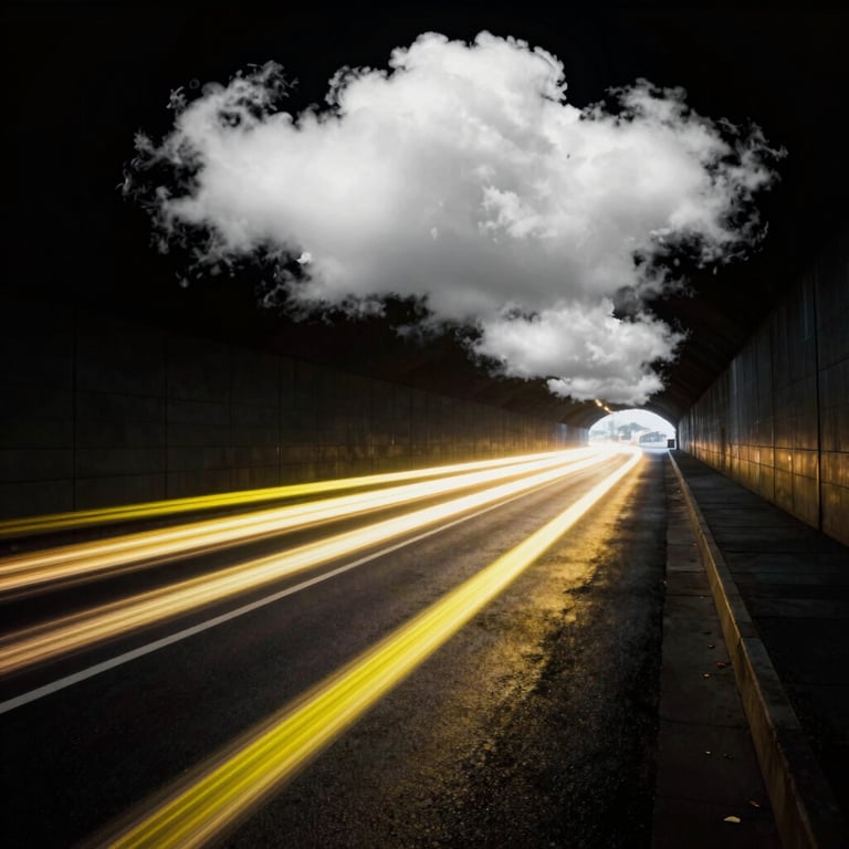 Abstract shot of high-speed light trails in cloud white and neon yellow moving through a deep black urban tunnel.