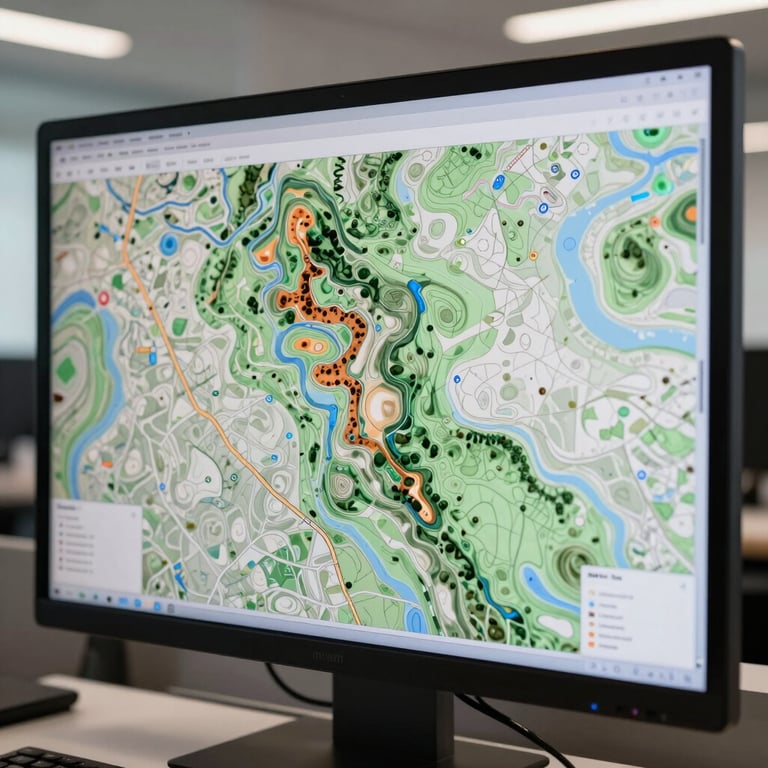 A close-up of a digital topographic map on a high-resolution screen in a modern design office.