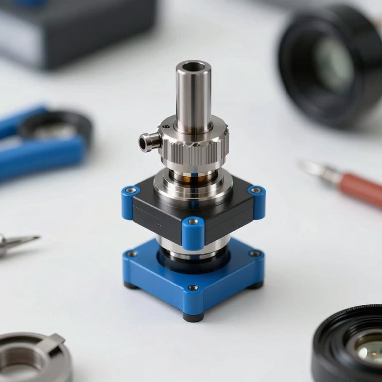 Macro photography of high-precision engineering tools on a clean white desk, Prussian Blue accents.