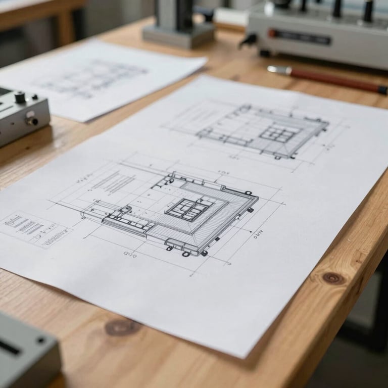 A professional engineering workshop with technical drawings spread across a large wooden table, bright natural light.