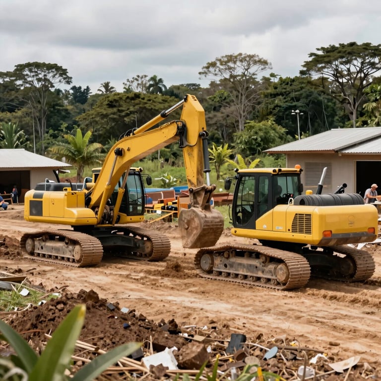 Wide shot of a South American infrastructure site with professional machinery, showing progress and organization.