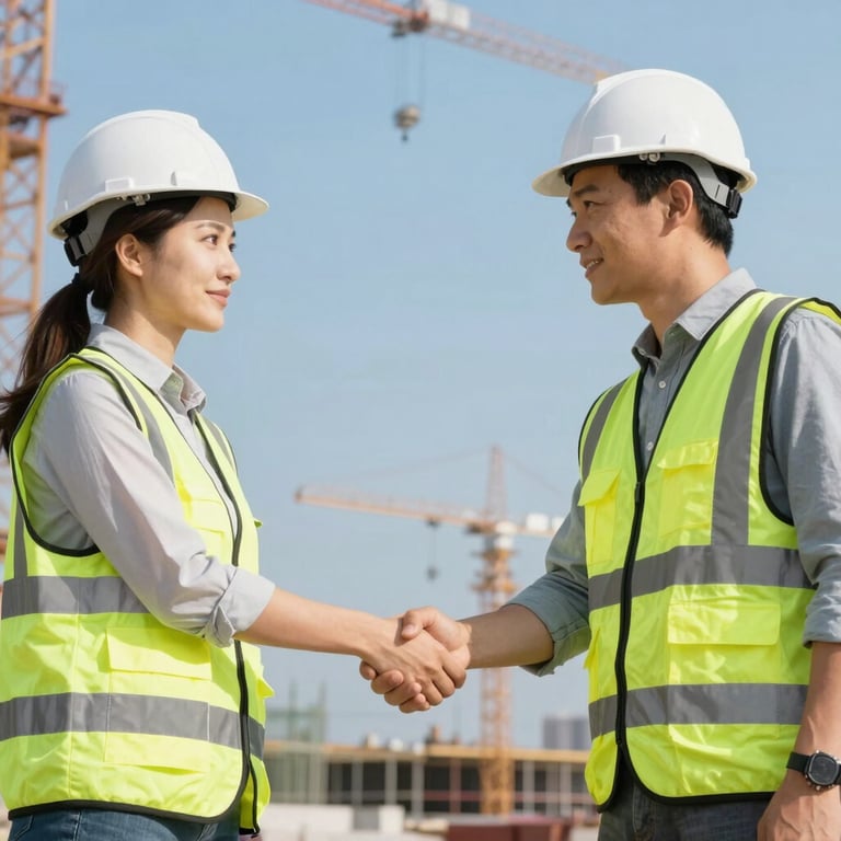 Professional handshake between an engineer and a client at a construction site, Honeydew and Celadon Blue sky.