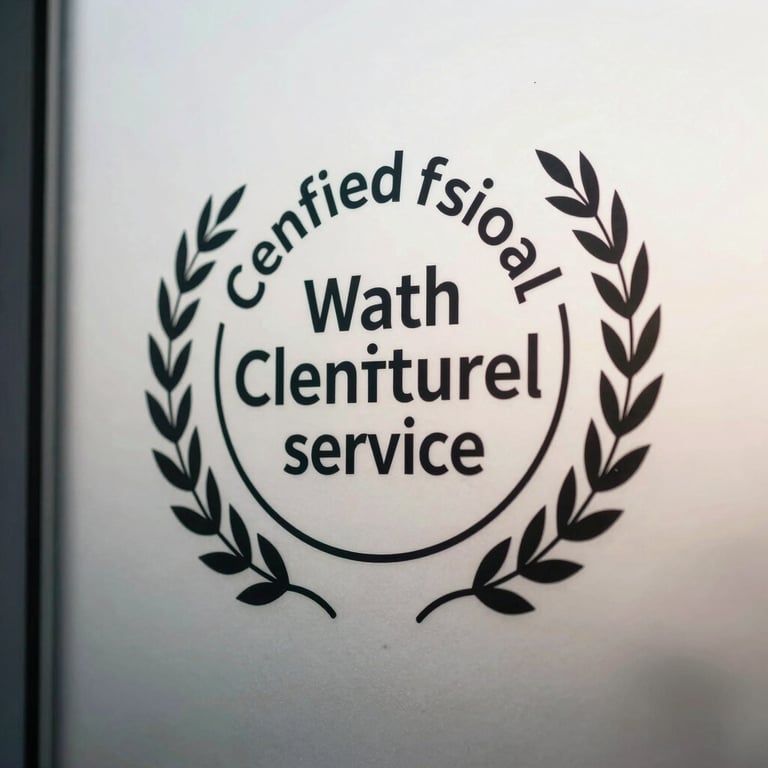 A detailed shot of a certified professional logo on a glass door, reflecting the trustworthy nature of the service against a mist white background.
