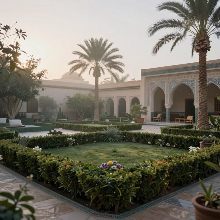 Wide shot of a serene Riad garden at dawn, representing a pest-free and tranquil guest environment, mist white lighting.