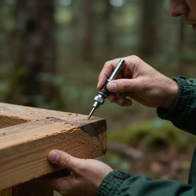 A professional technician's hand using a precision tool in a dark forest green sleeve, focused on a discrete corner of a wooden beam.
