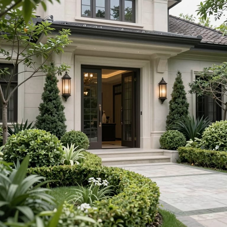 An exterior shot of a luxury villa entrance with lush, well-maintained greenery in a soft sage hue, signifying healthy surroundings.