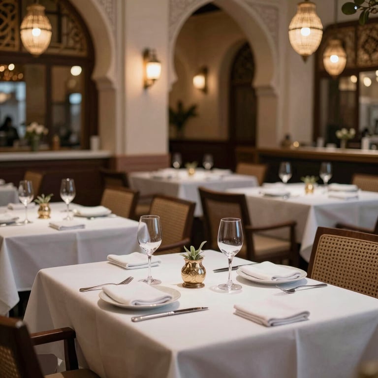 A sophisticated dining area in a Marrakech restaurant, sparkling clean under soft, professional lighting.