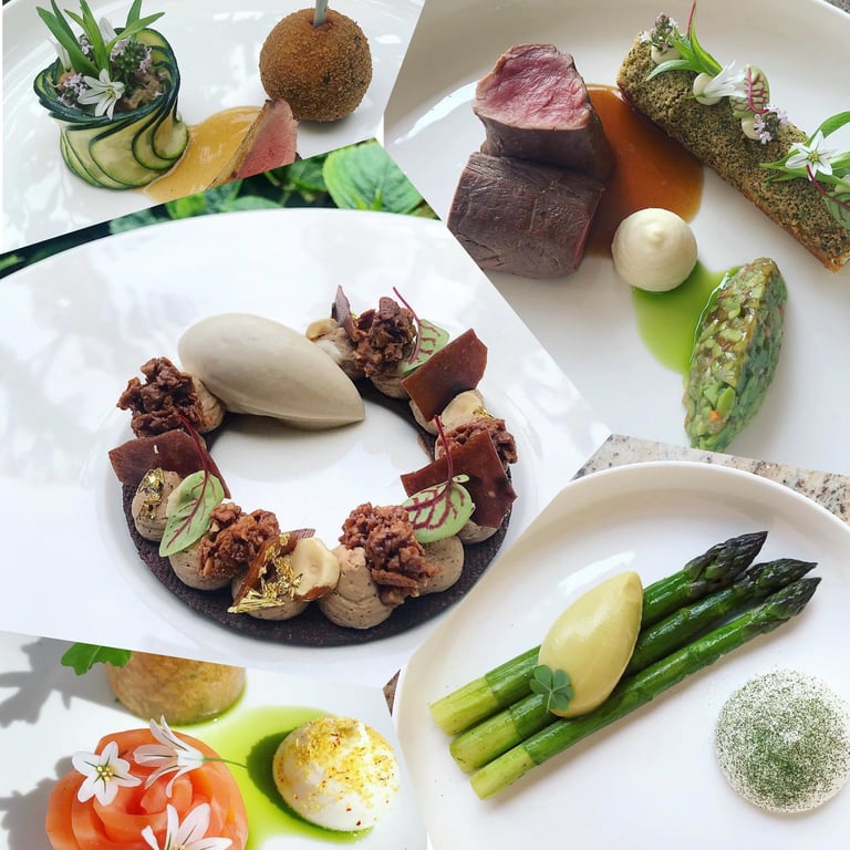 pele mele de plats et desserts type cuisine gastronomique