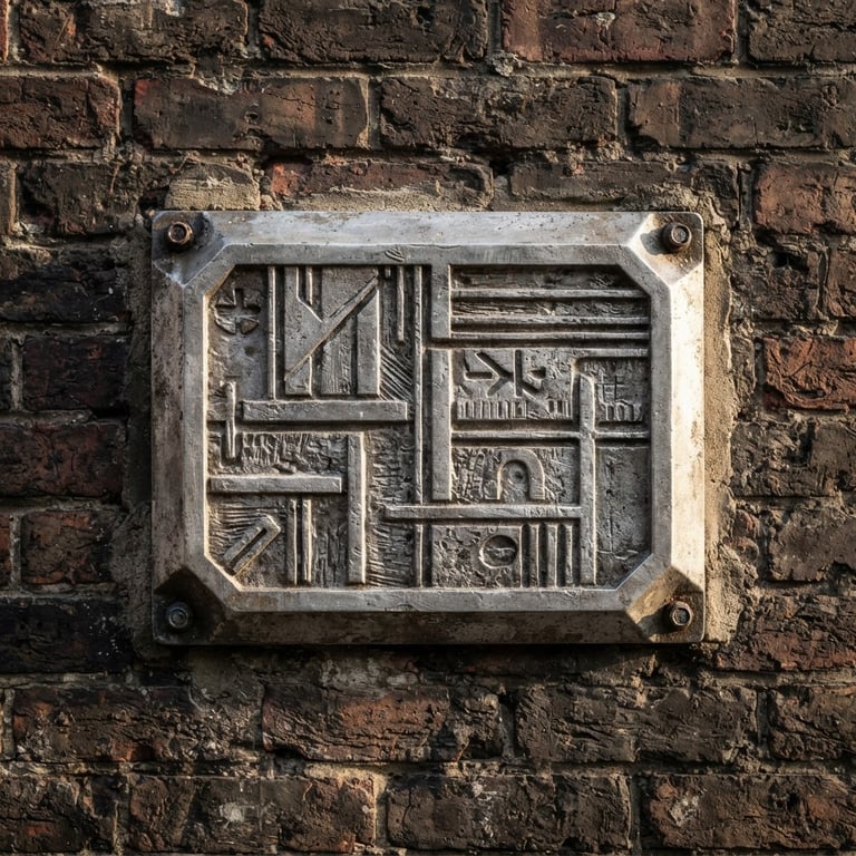 Straight-on architectural shot of an installed cast aluminum sign on a textured industrial brick wall, dramatic natural side lighting emphasizing the material weight.