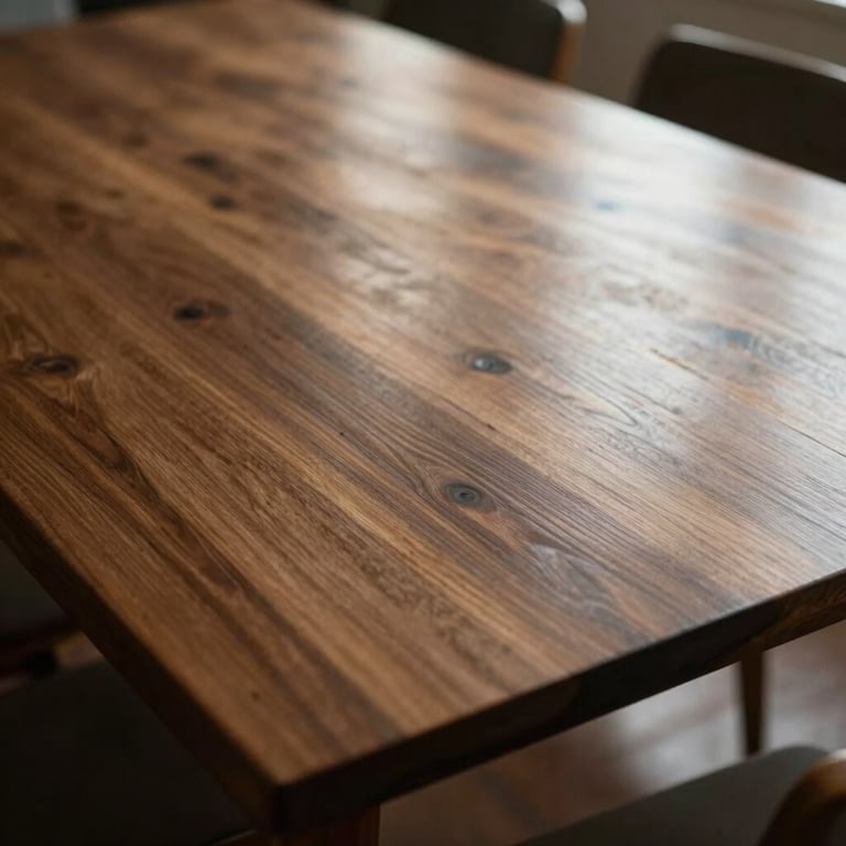 A polished wooden dining table reflecting the soft light of an Australian afternoon.