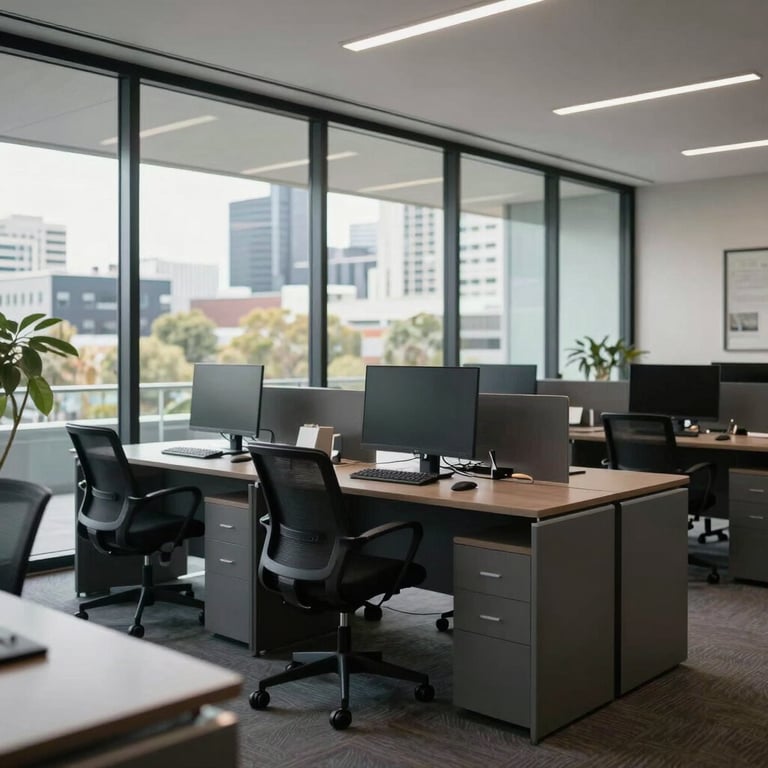 A clean, organized office space in Adelaide with large glass windows and dark gray desks.
