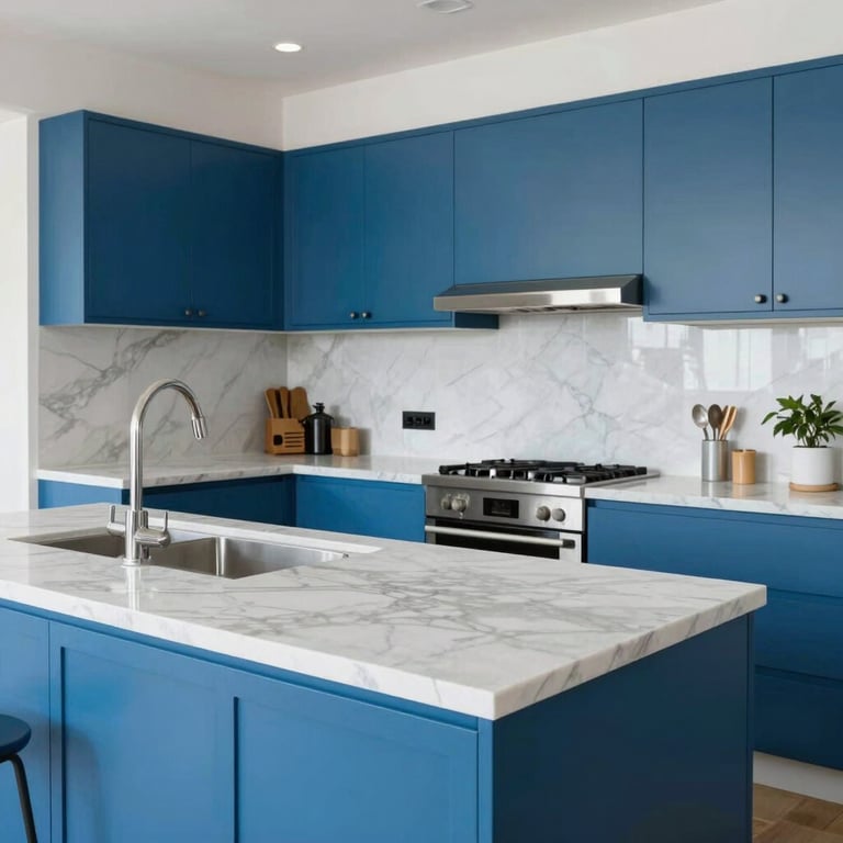 A spotless modern kitchen in an Adelaide home with marble countertops and bright blue accents.