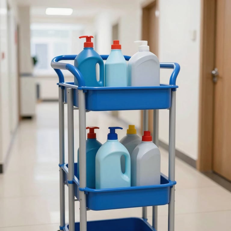 A professional cleaning cart with blue and light gray supplies inside a bright hallway.