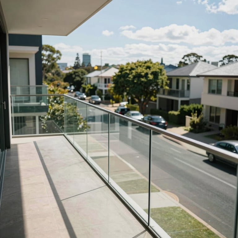A wide shot of a sparkling clean glass balcony overlooking an Adelaide residential street.