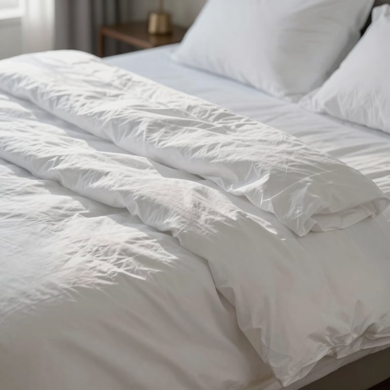 Close-up of fresh, white linens on a neatly made bed in a sunlit Australian bedroom.