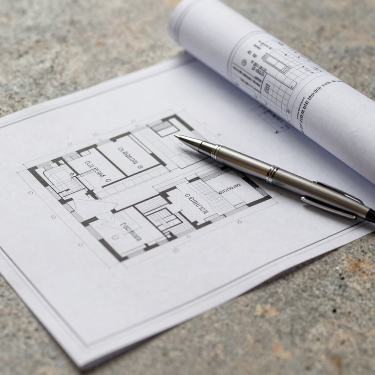 A detailed shot of a professional blueprint and a pen on a warm stone grey surface, signifying strategic planning and expert preparation.