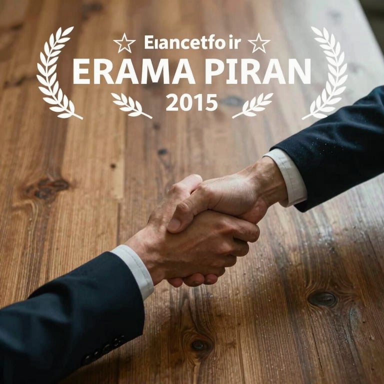 A top-down view of two professionals shaking hands over a wooden table, emphasizing trust and partnership in soft natural light.