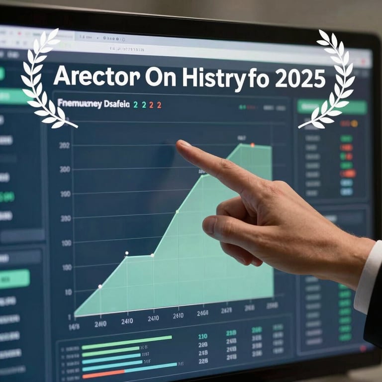 A professional hand pointing at a clear data dashboard on a screen, showing growth in dark slate blue and muted sage green colors.