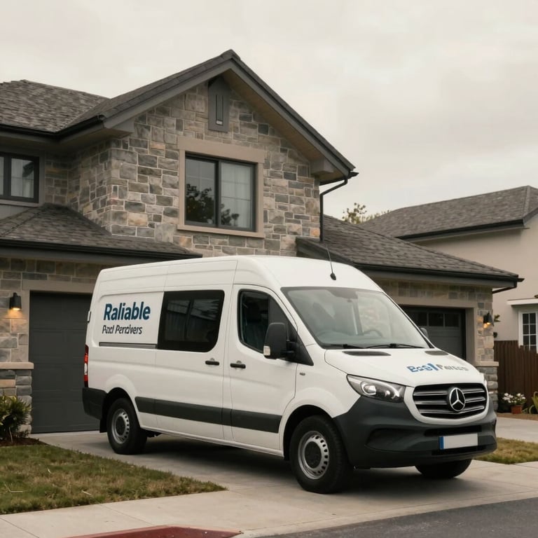 A service van parked in front of a modern home, representing reliable local service providers, with a soft off-white sky and warm stone grey tones.