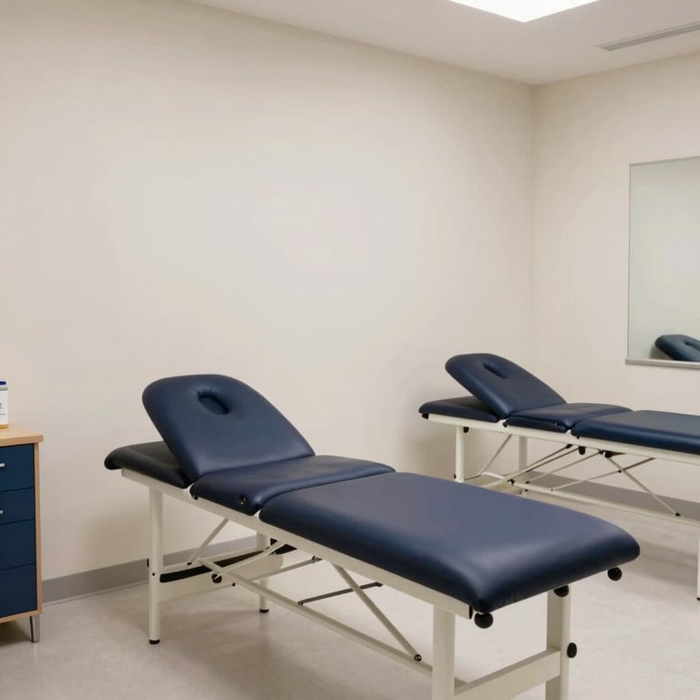 A clean, modern chiropractic clinic interior with soft off-white walls and dark slate blue furniture accents, looking professional and trustworthy.