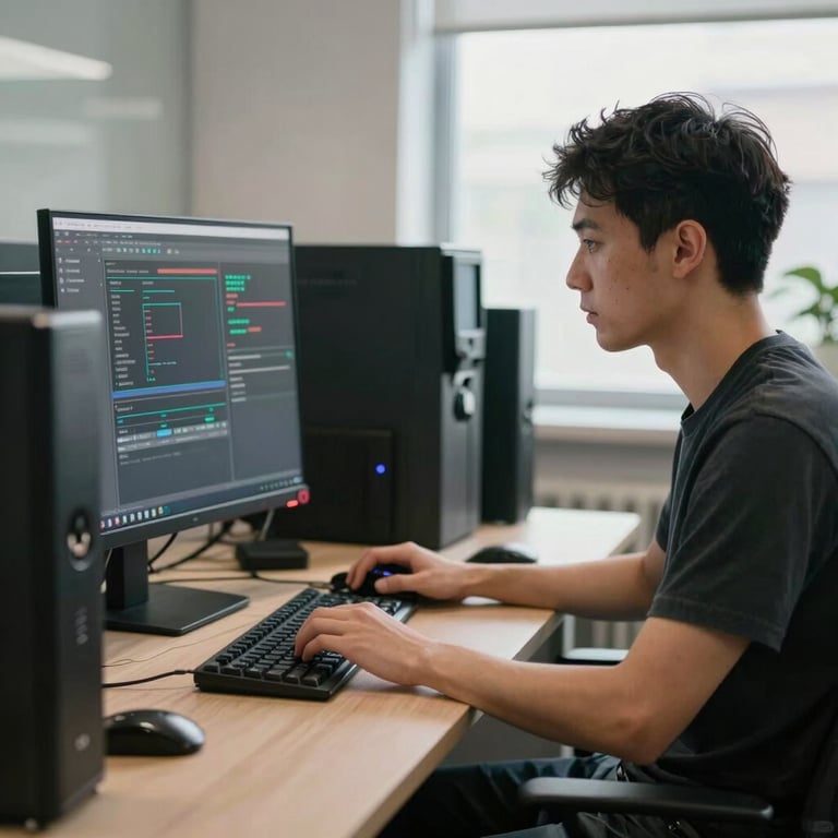 A focused software developer in a modern North American / US workplace, working with high-performance hardware and soft natural lighting.