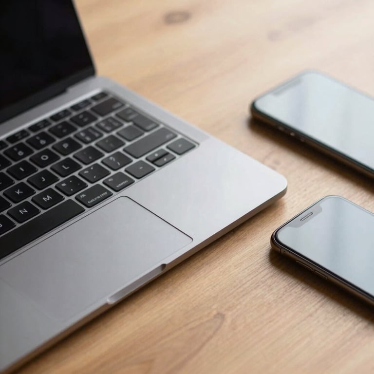 Macro photography of a laptop keyboard and a smartphone on a minimalist wooden desk with sandy yellow and dark brown tones.