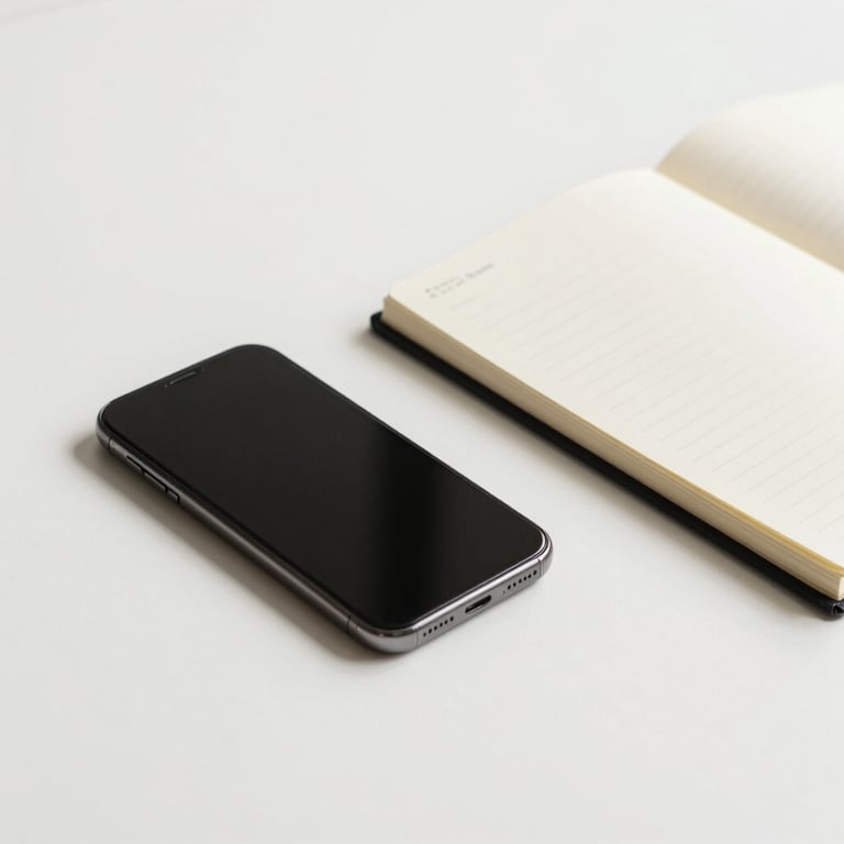 A clean, minimalist desk in a North American / US creative studio, featuring a smartphone and a notebook on an off-white background.