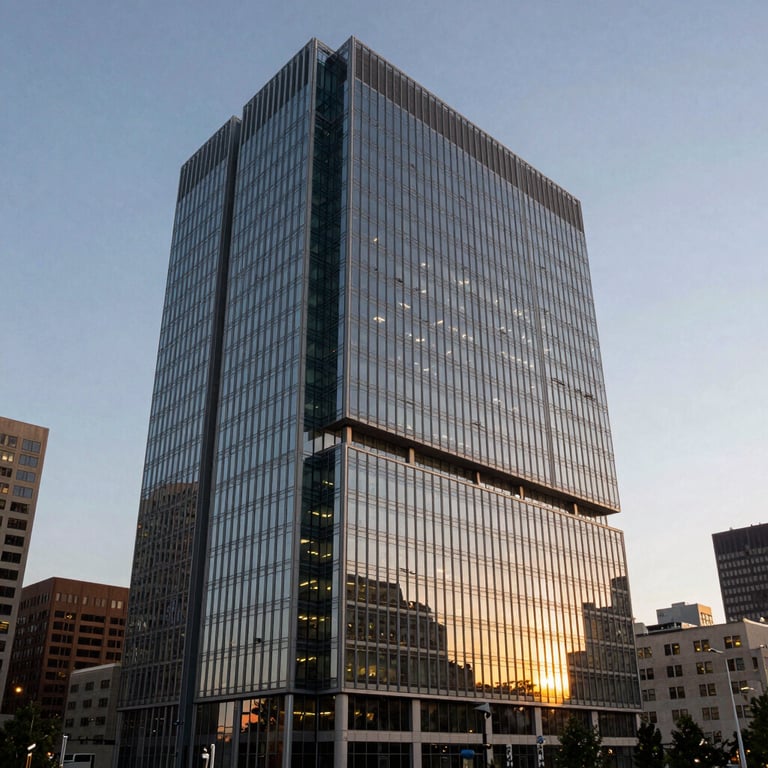 The exterior of a sleek glass-fronted technology headquarters in a major North American / US city at sunset, symbolizing growth.