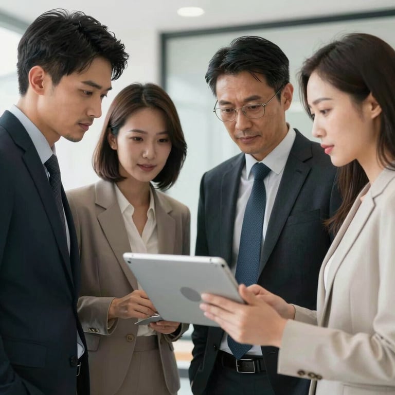 A team of business professionals in a North American / US setting looking at a tablet together, dressed in modern business attire.