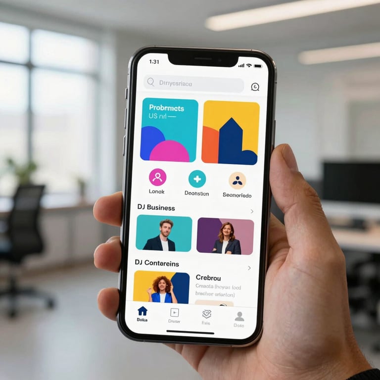 Photography of a sleek smartphone screen displaying a vibrant custom business app interface in a bright North American / US office setting.