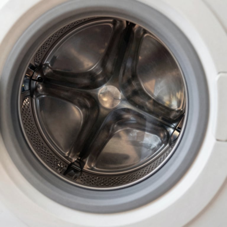 Detailed macro shot of a clean, repaired washing machine drum reflecting bright indoor light.