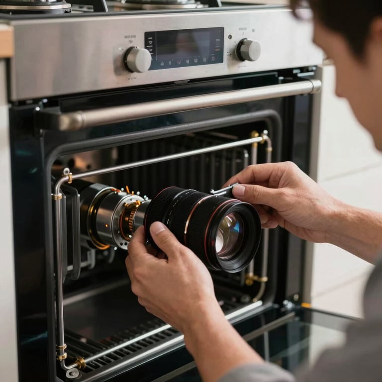 A technician carefully installing a new heating element in a modern built-in oven.