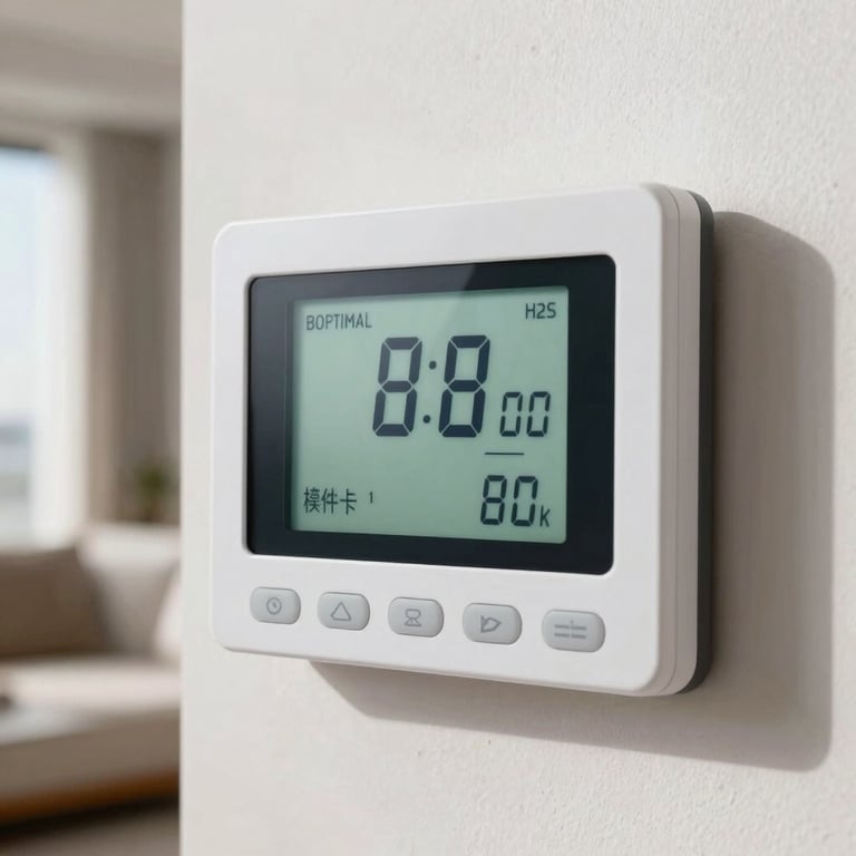 Close-up of a digital thermostat display showing optimal cooling settings in a bright, modern Dubai home.