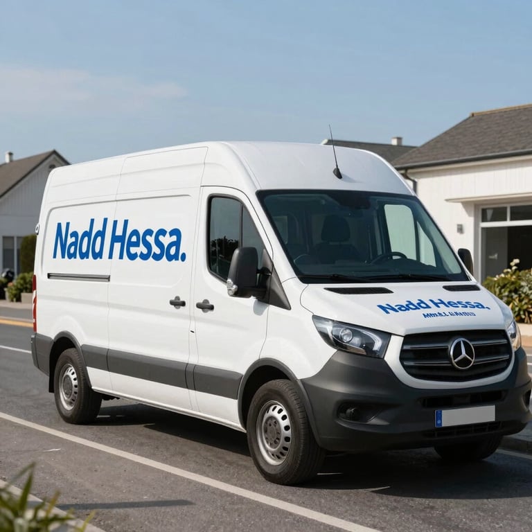 Wide shot of a professional service van with blue branding parked in a sunny street in Nadd Hessa.
