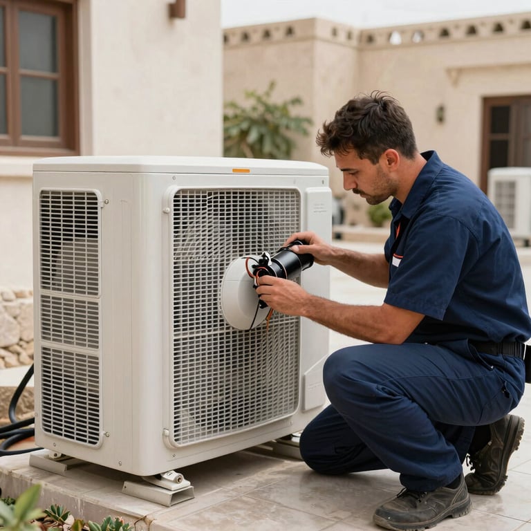 A professional technician in a navy blue uniform repairing a large outdoor AC condenser unit in a Middle Eastern villa complex.