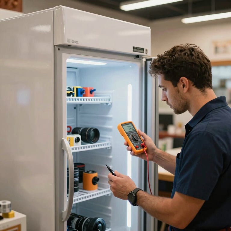 A commercial refrigerator in a Dubai restaurant being inspected by a technician with a digital multimeter.