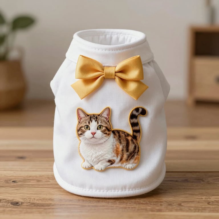 Chaleco blanco para mascotas con un moño amarillo y un parche de gato calico.