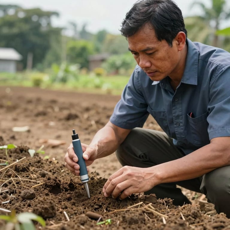 Southeast Asian / Indonesian agronomist inspecting soil quality with modern tools, bright natural lighting.