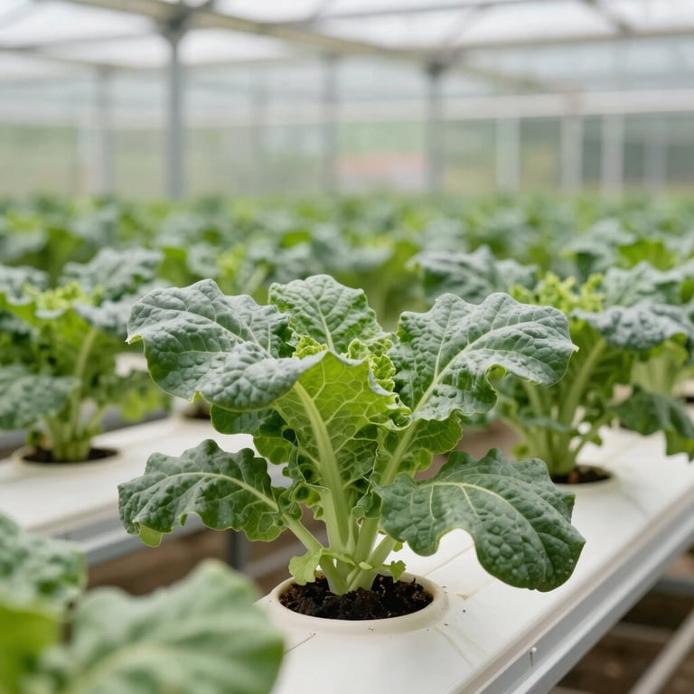 Healthy green organic crops growing in a high-tech greenhouse setup, showcasing agricultural innovation.