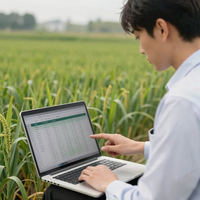 Agribusiness professional analyzing crop data on a laptop outdoors, with a lush farm in the background.