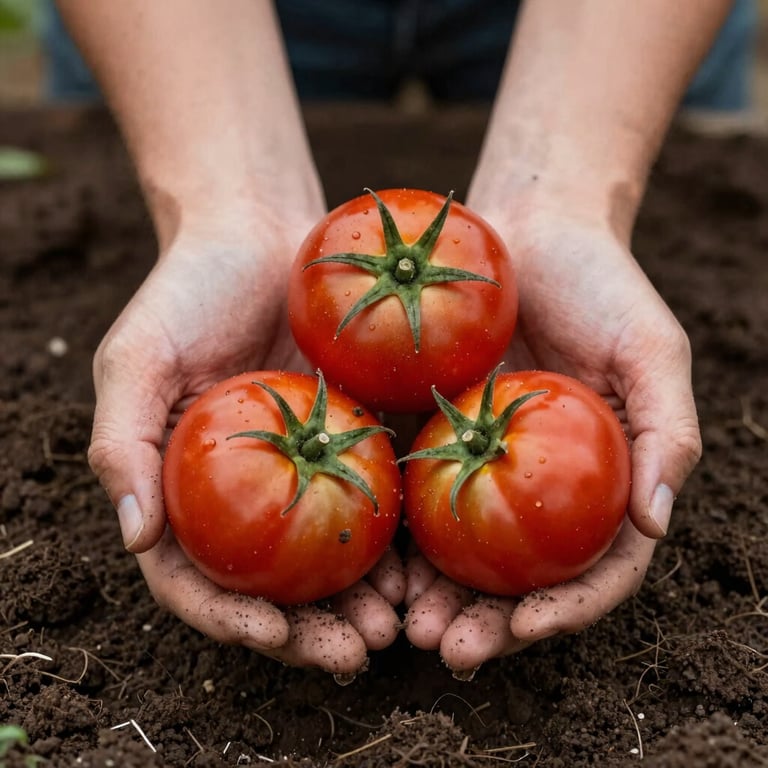 Hands gently holding freshly picked organic tomatoes with rich dark soil, conveying down-to-earth authenticity.