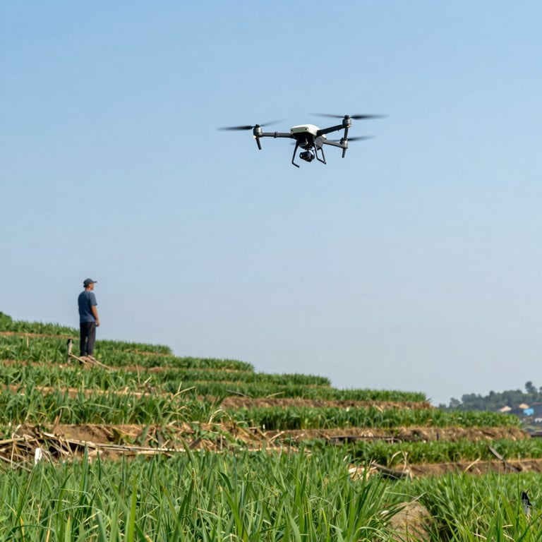 A farmer flying a mapping drone over a terraced green field under a clear blue sky.
