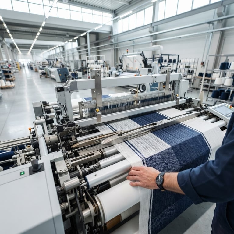 Wide shot of a modern, high-tech textile loom in operation, clean factory environment, bright natural daylight, crisp white and deep navy tones, sharp detail, 50mm lens, a glimpse of a quality inspector's hand in the foreground.