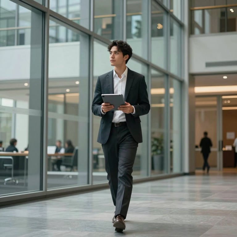 A professional holding a tablet while walking through a glass-walled North American / US office building.