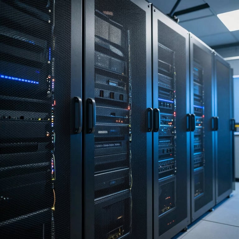 A high-tech North American / US server room with soft blue lighting reflecting off metallic surfaces.