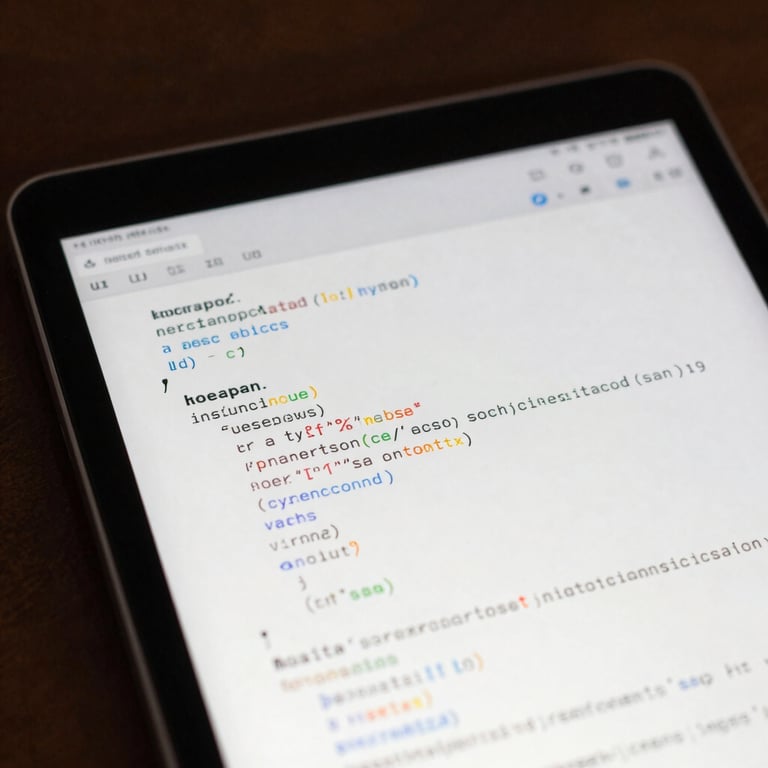 Detailed macro shot of a tablet showing code in a modern development environment in North America / US.