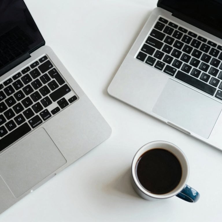 An overhead shot of a clean workspace with a laptop and coffee, featuring a palette of soft mist white and muted silver-blue.