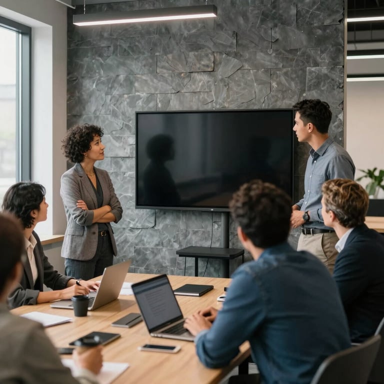 A group of diverse professionals collaborating around a screen in a bright North American / US coworking space with slate grey decor.