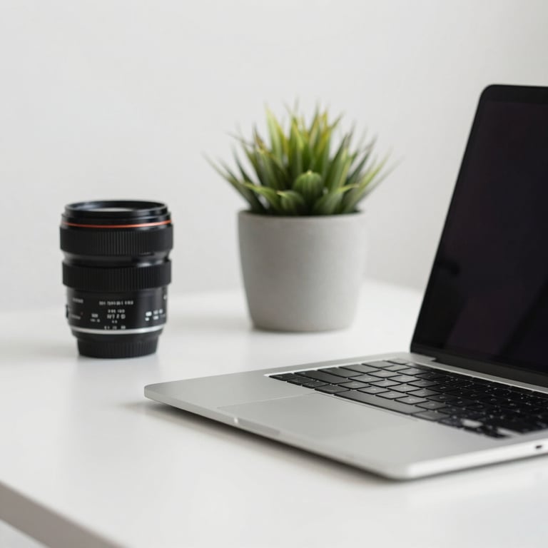 A minimalist desk with a silver laptop, a soft sage plant pot, and a clean white background.