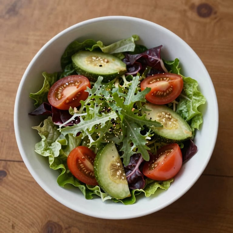 Top-down shot of a colorful salad in a mist white ceramic bowl on a wooden table, bright natural light.